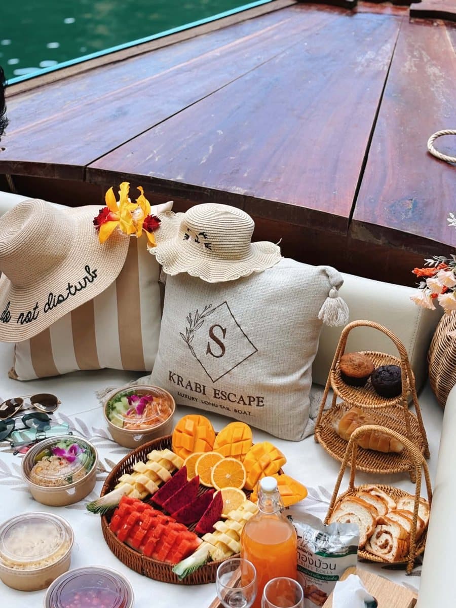 Picnic of fruit, snacks and juice on a Krabi Escape boat