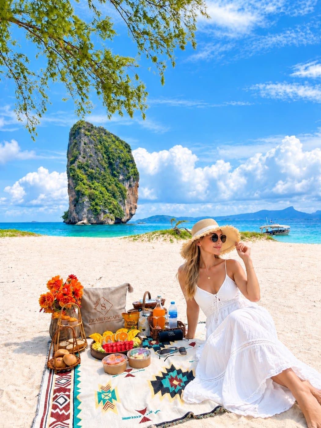 Guest in a white dress beside a Krabi Escape beach picnic on Poda Island