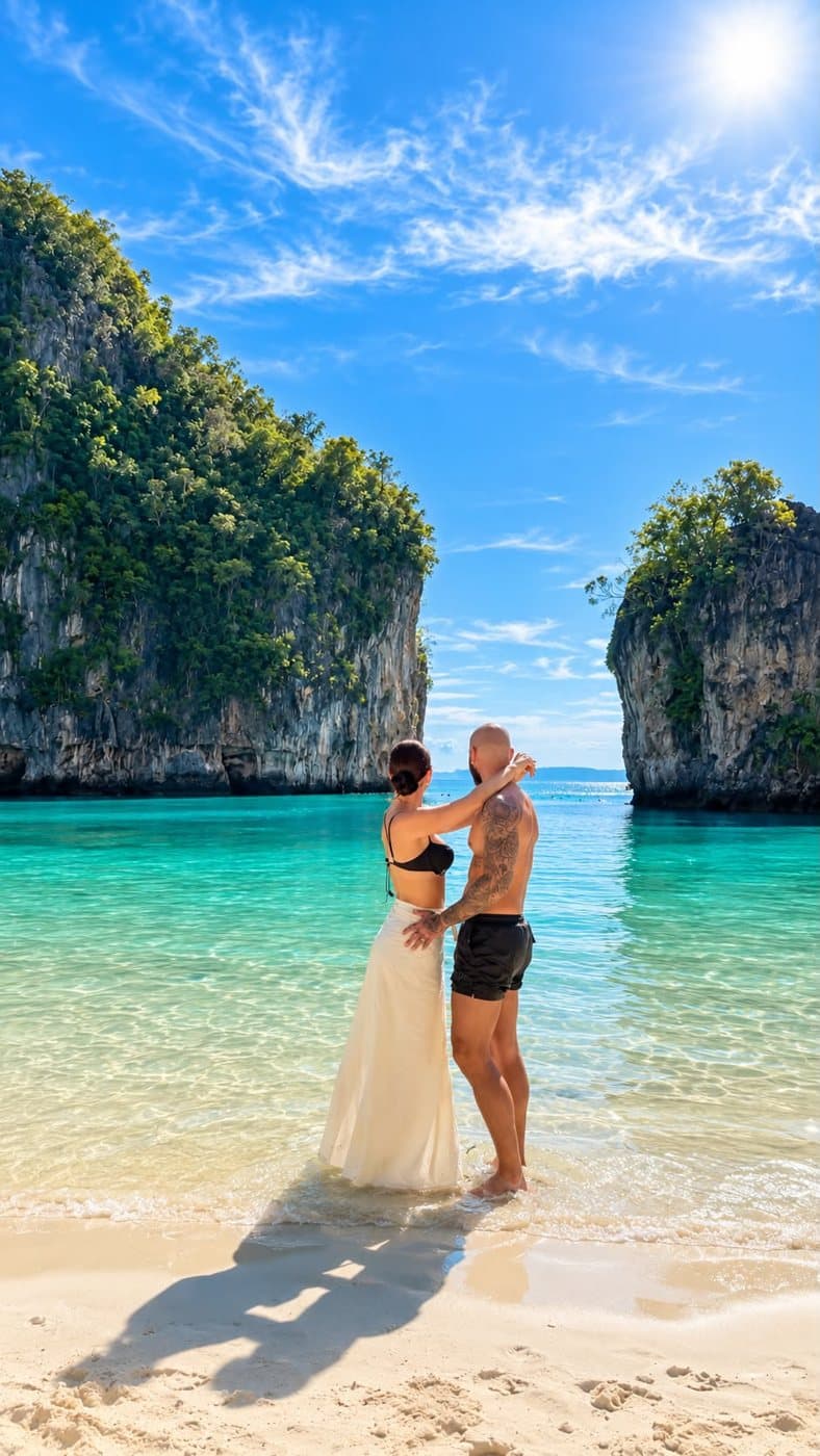 Couple standing in clear turquoise water on a white-sand beach in the Hong Islands
