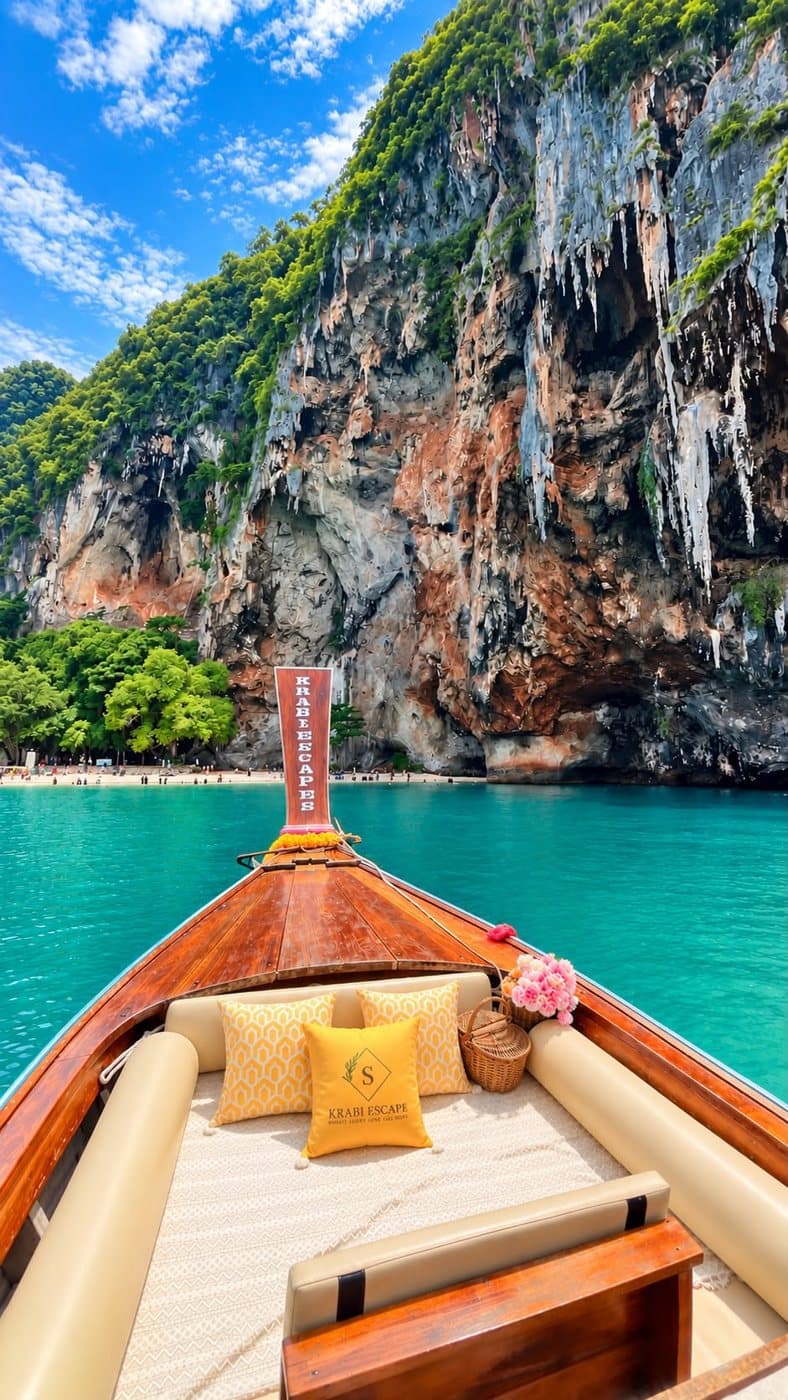 Krabi Escape longtail with cushioned lounge seating beneath the cliffs of Phra Nang
